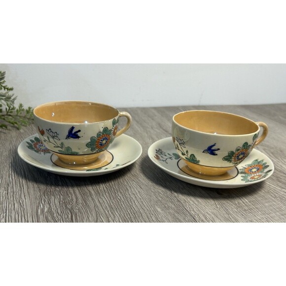 Vintage Japan Lusterware Tea Cup & Saucer Set x 2 Floral and Blue Birds DELICATE - Picture 1 of 14